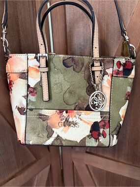 GUESS Olive Green Floral Mini Tote with Beige and Rust Accents